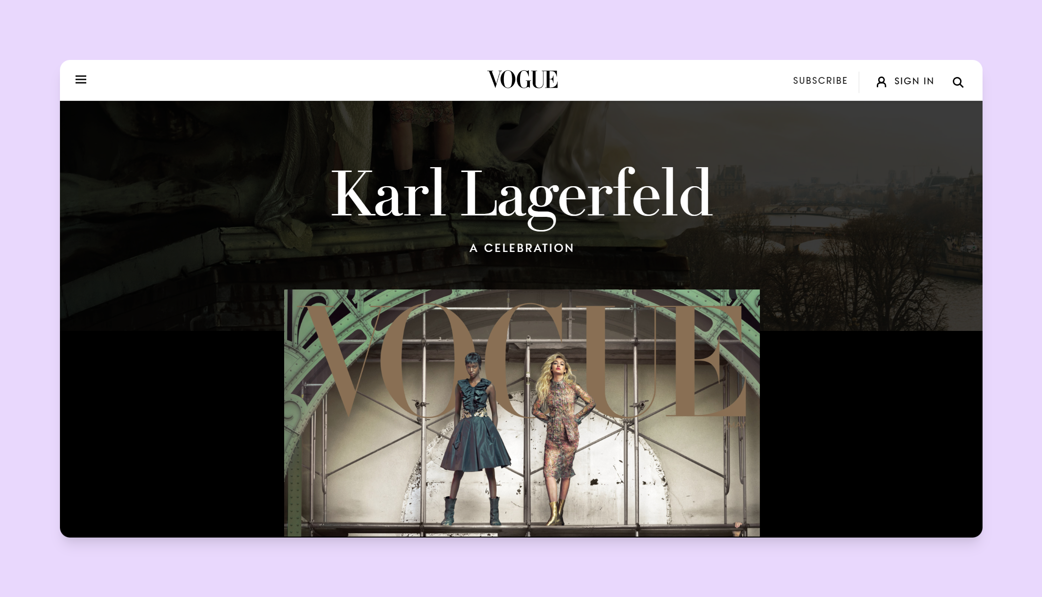 A scrollable header section that emphasizes the models and the magazine cover image.